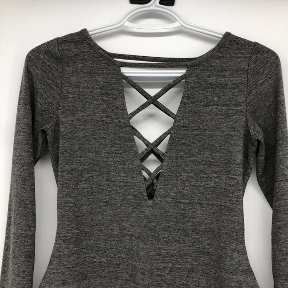 Chaser Grey Heathered Long Sleeve Criss Cross Body Suit size S - Picture 6 of 16